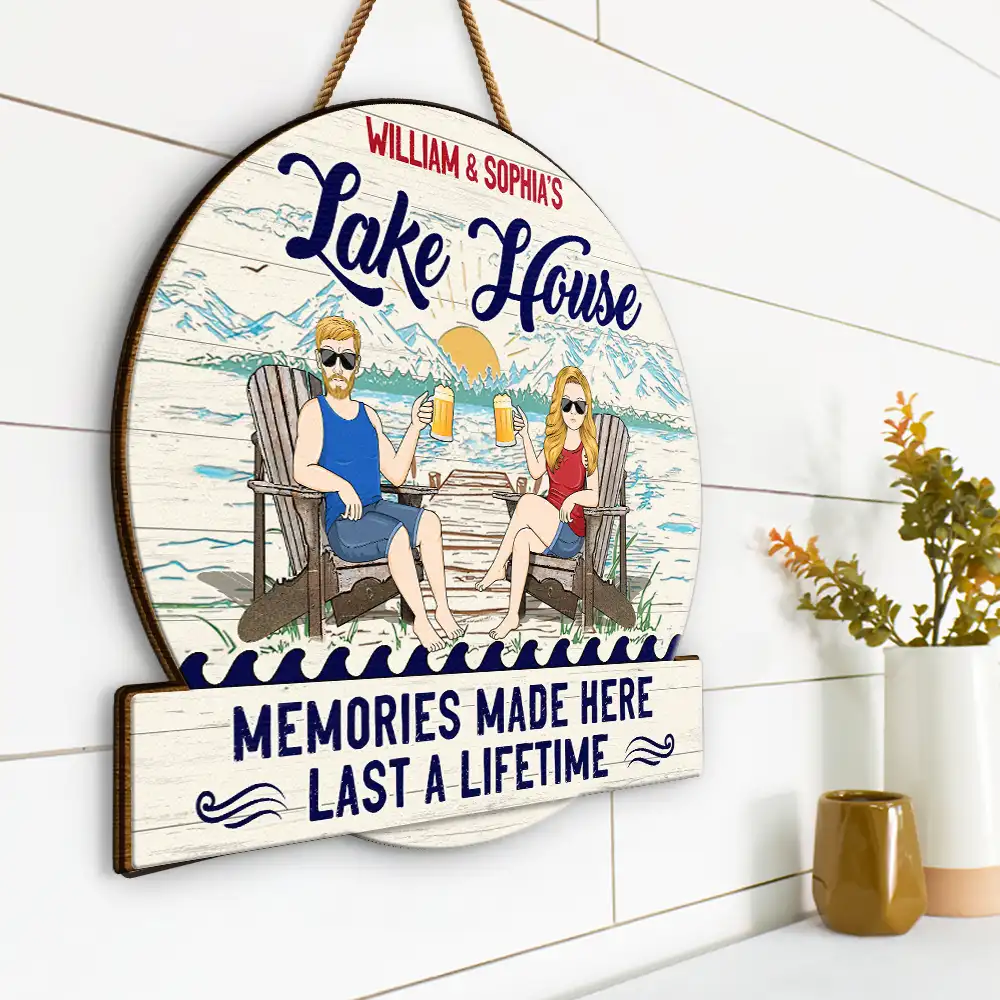 Couple Lake House Memories Made Here - Personalized Custom Shaped Wood Sign - Image 2