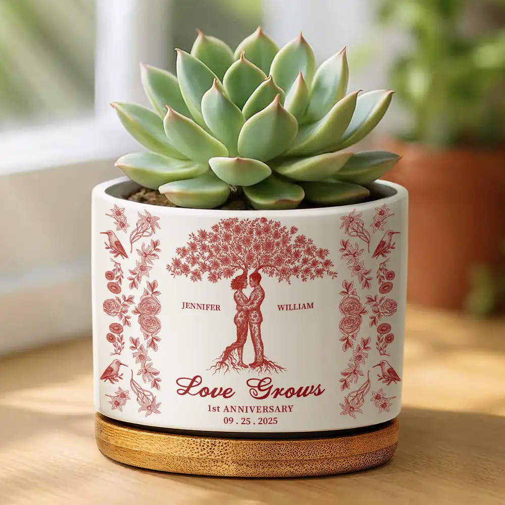 Couple Love Grows, Wedding Anniversary Gift - Personalized Ceramic Plant Pot - Image 2