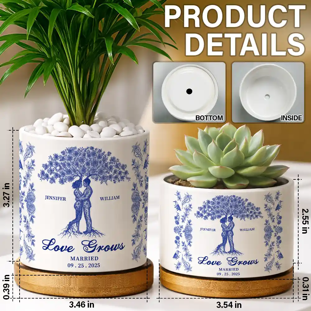 Couple Love Grows, Wedding Anniversary Gift - Personalized Ceramic Plant Pot - Image 5