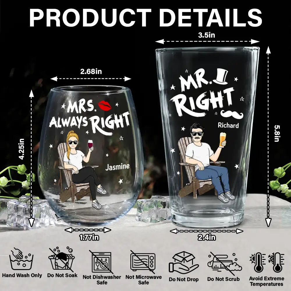 Couple Mr Right Mrs Always Right - Personalized Combo Wine & Beer Glass - Image 5