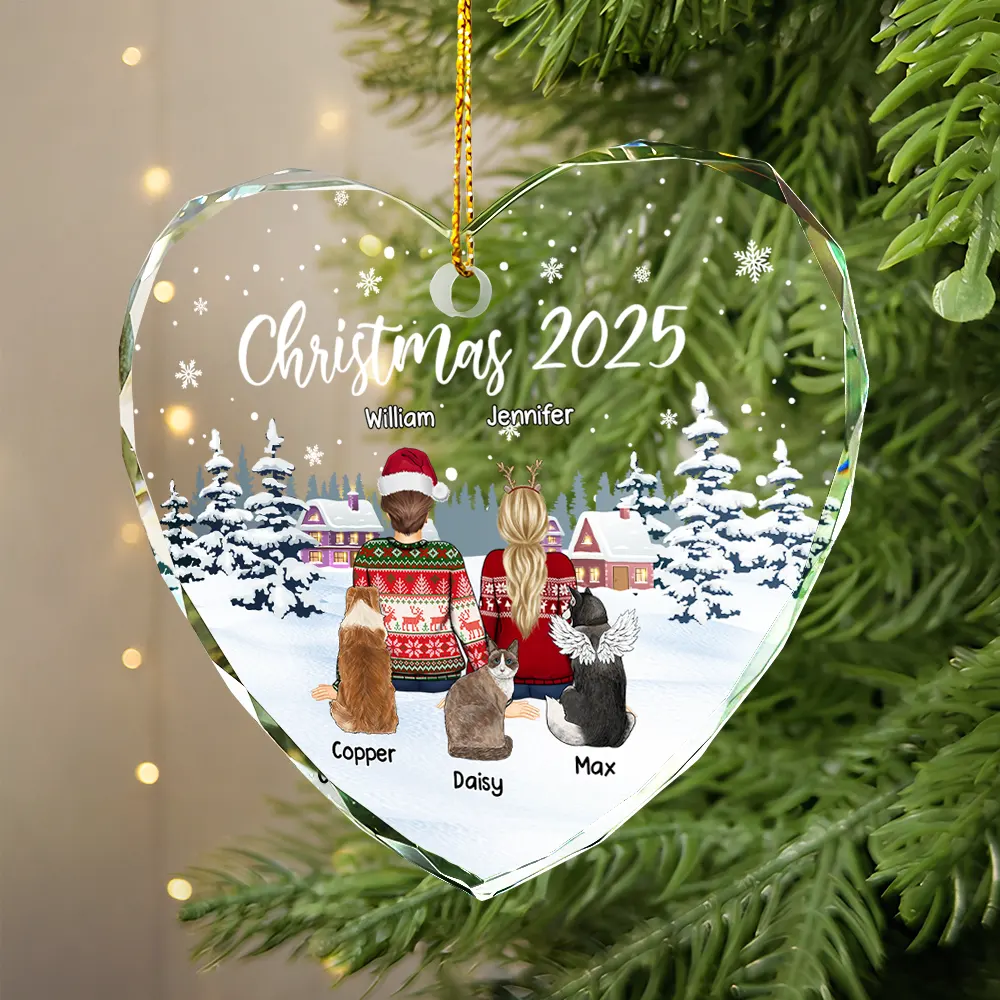 Couple & Pets Christmas - Personalized Heart Shaped Glass Ornament - Image 2