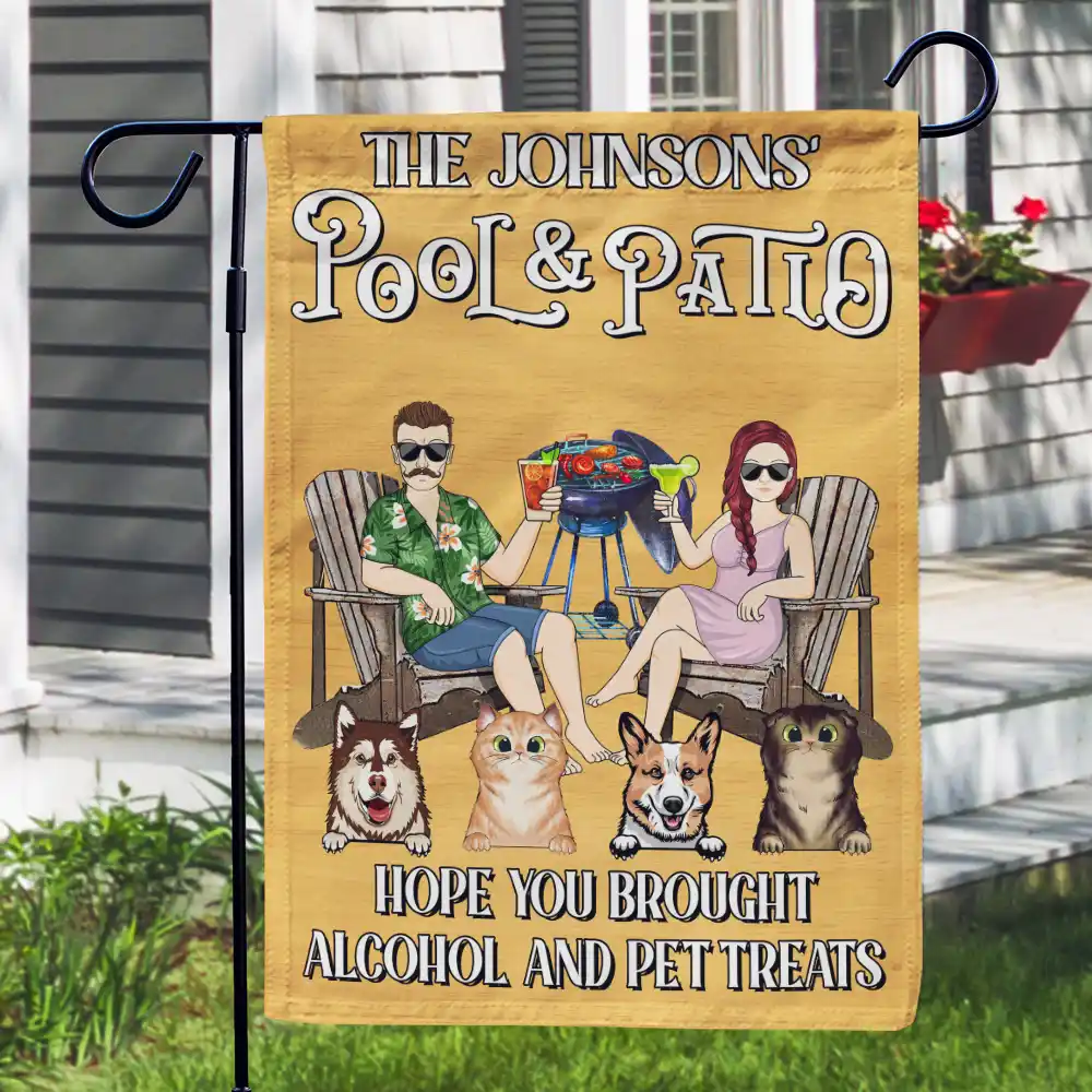 Couple Pool & Patio Bar Hope You Brought Alcohol & Dog Treats - Personalized Flag - Image 3