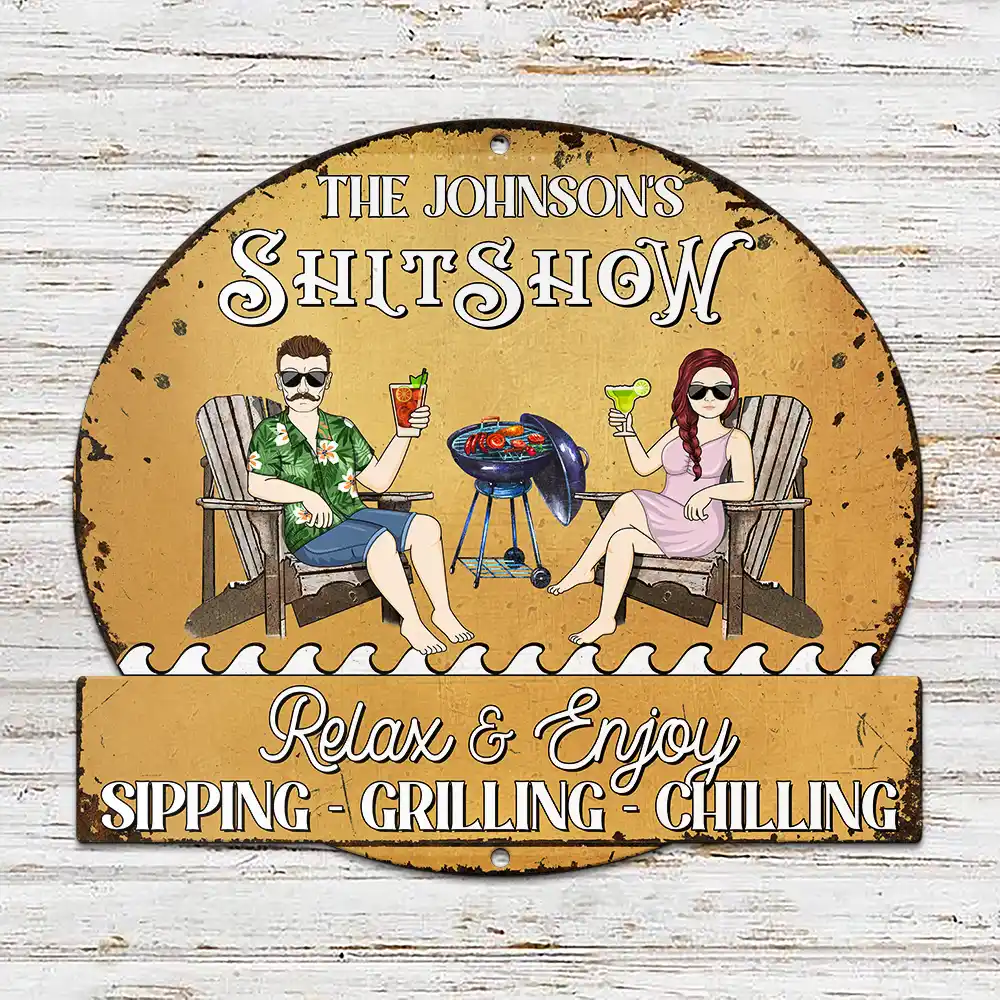 Couple Pool & Patio Sipping Chilling - Personalized Custom Shaped Metal Sign - Image 2