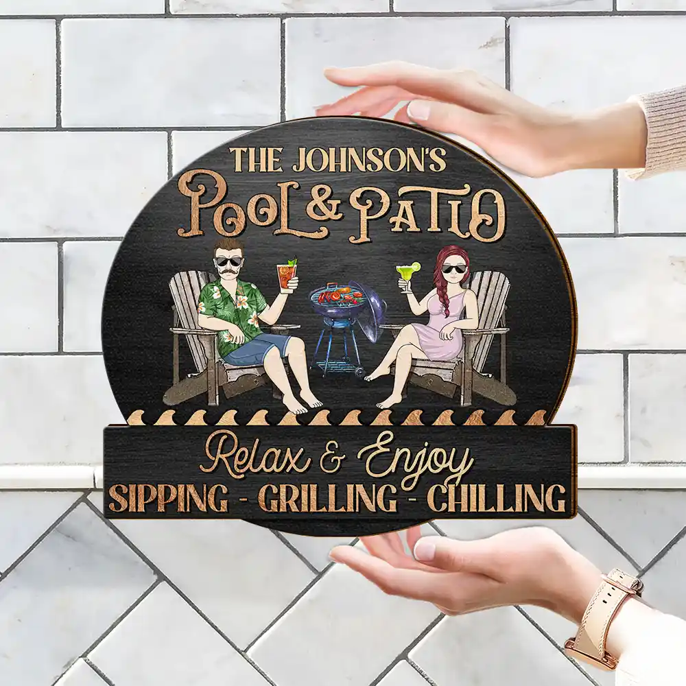 Couple Pool & Patio Sipping Chilling - Personalized Custom Shaped Wood Sign - Image 4