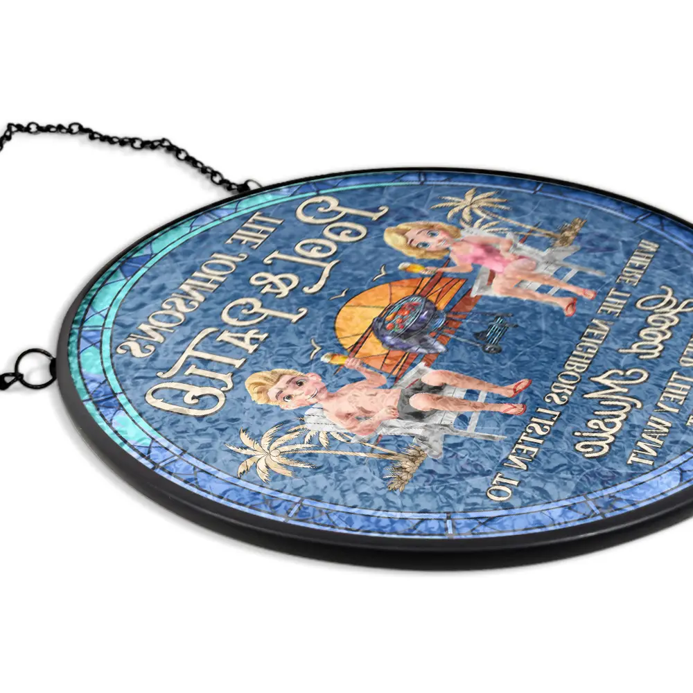 Couple Pool & Patio Sipping Chilling - Personalized Stained Glass Window Hanging Suncatcher - Image 5