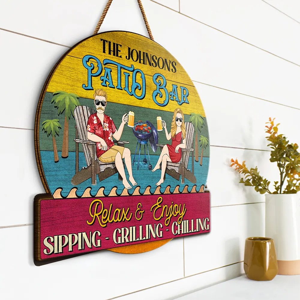 Couple Pool & Patio Sipping Chilling Tropical - Personalized Custom Shaped Wood Sign - Image 2