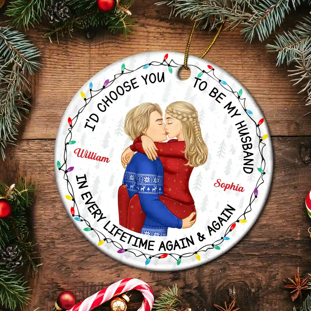 Couple Side View I'd Choose You - Personalized Circle Ceramic Ornament - Image 5