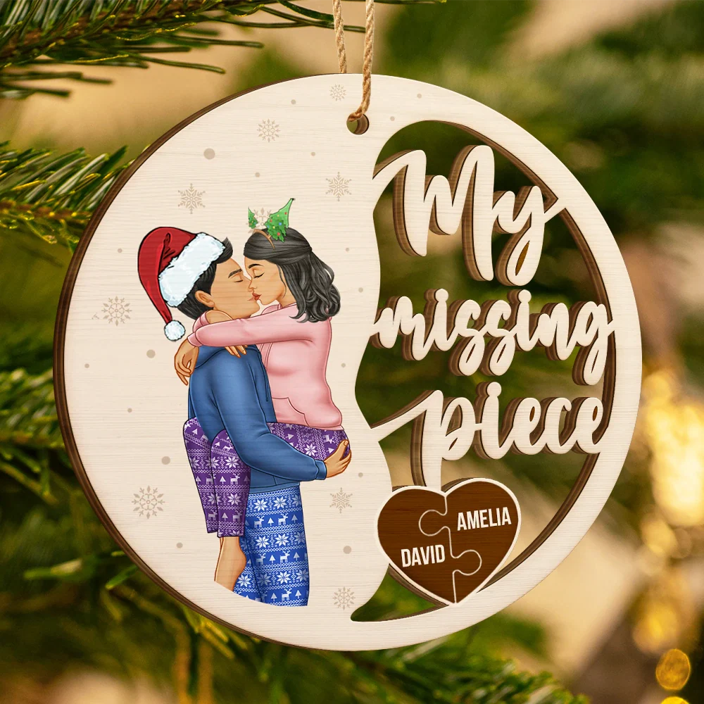 Couple Side View Kissing My Missing Piece - Personalized Custom Shaped Wooden Ornament - Image 3
