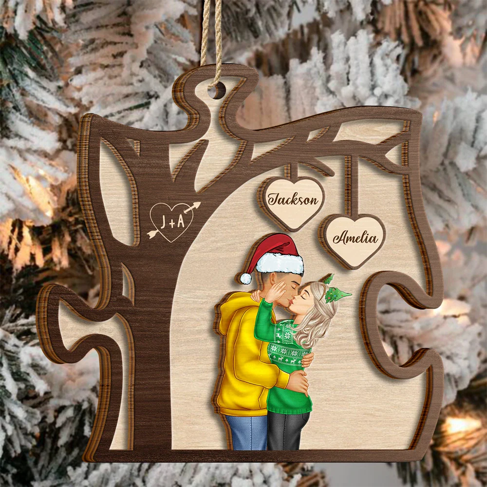 Couple Side View Kissing Under Tree - Personalized 2-Layered Wooden Ornament - Image 3