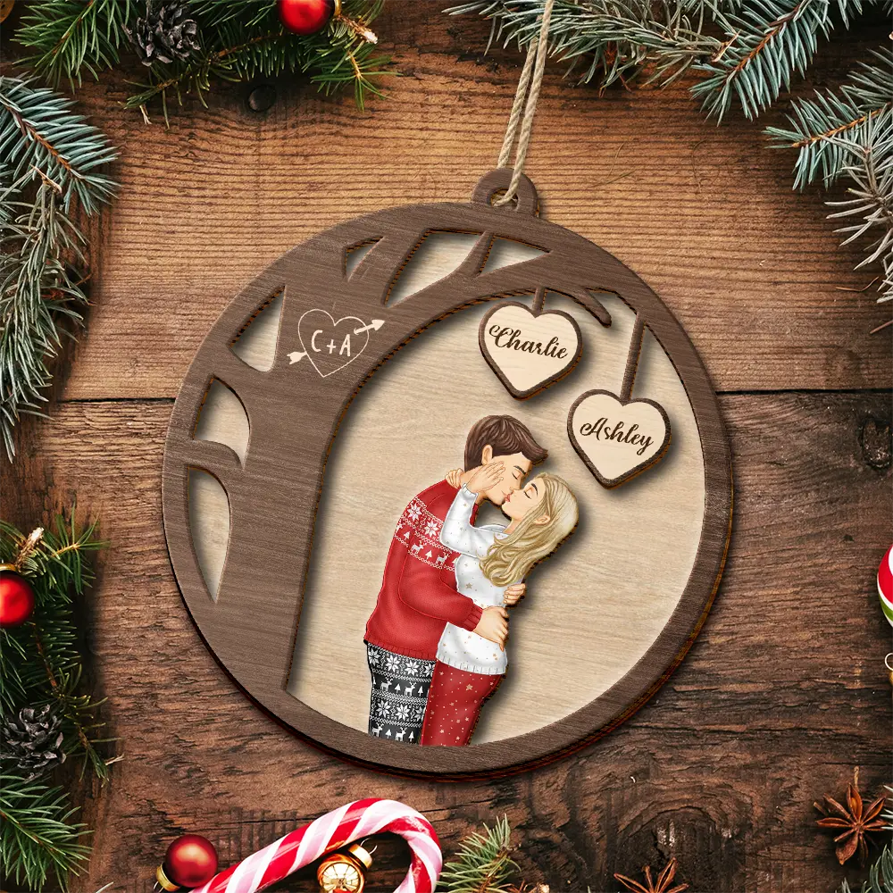 Couple Side View Kissing Under Tree - Personalized 2-Layered Wooden Ornament - Image 4