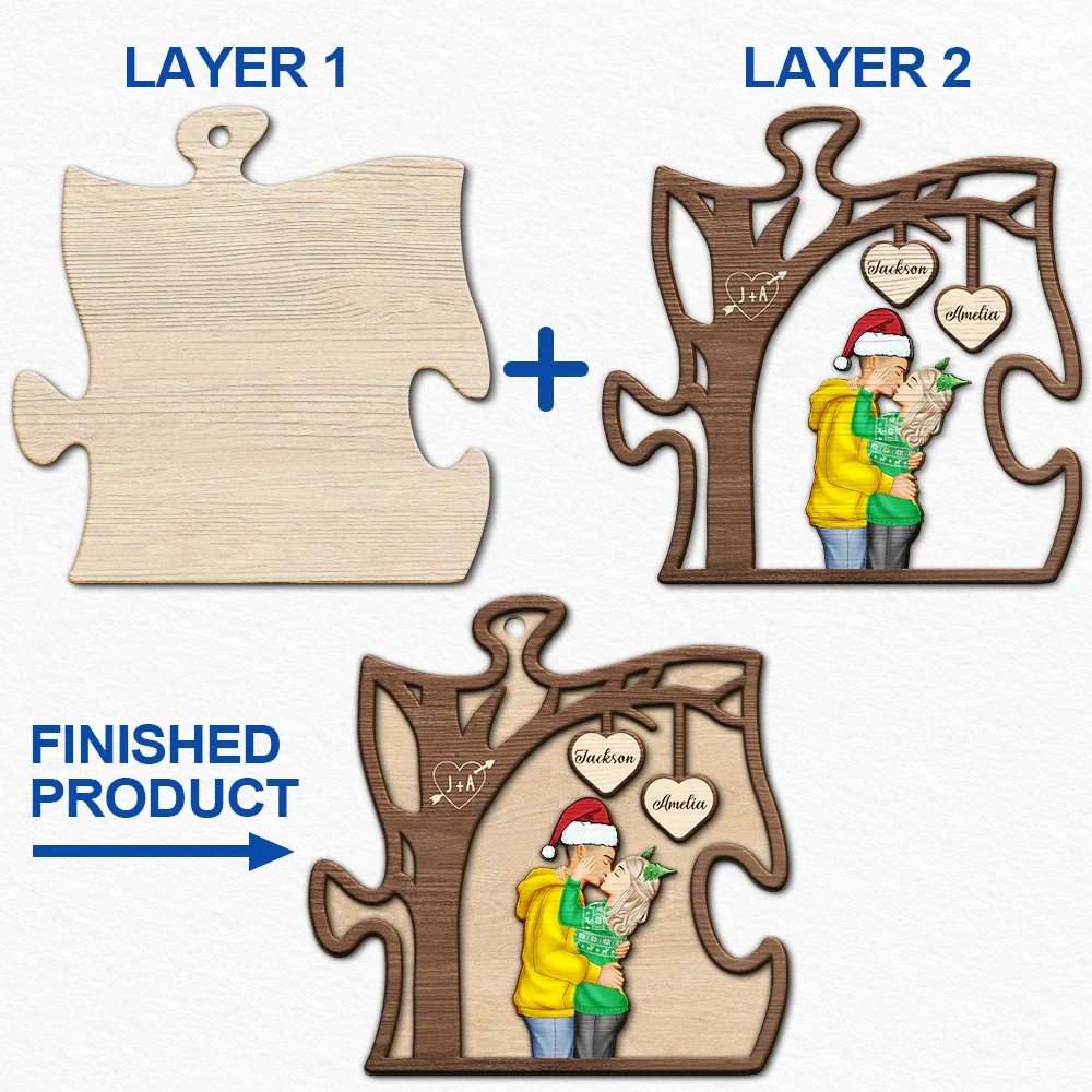 Couple Side View Kissing Under Tree - Personalized 2-Layered Wooden Ornament - Image 6