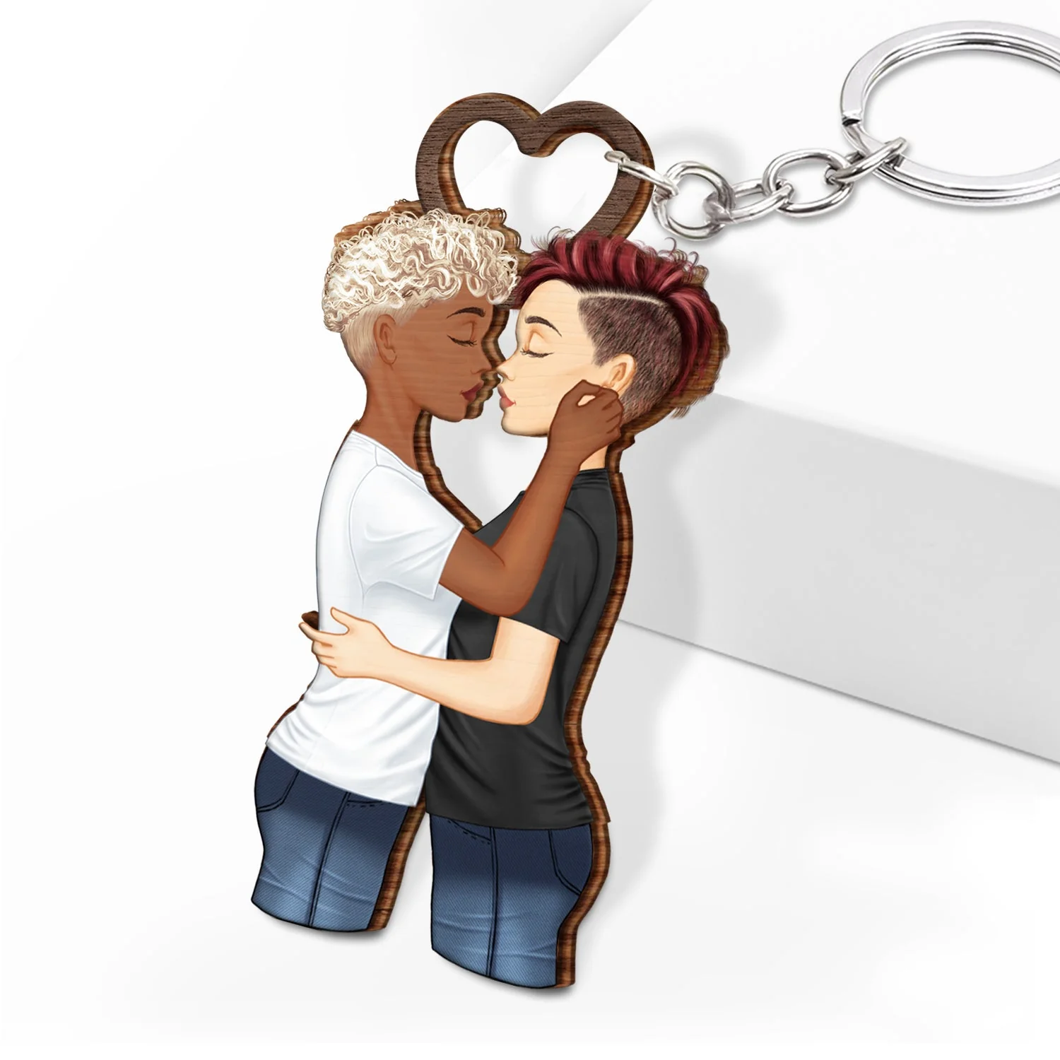 Couple Side View We're A Team - Gift For Couples - Personalized Cutout Wooden Keychain 2 Sides - Image 2