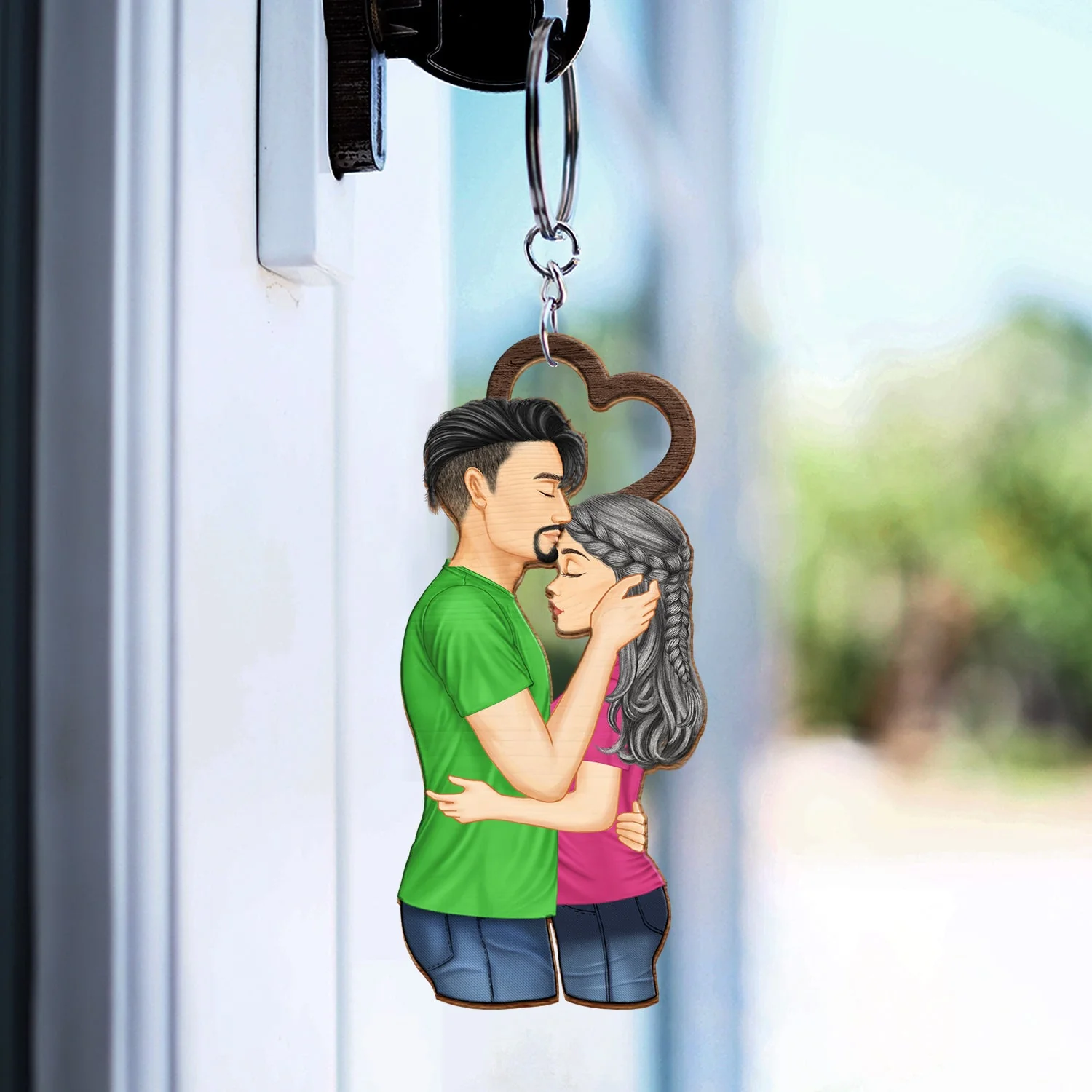 Couple Side View We're A Team - Gift For Couples - Personalized Cutout Wooden Keychain 2 Sides - Image 3