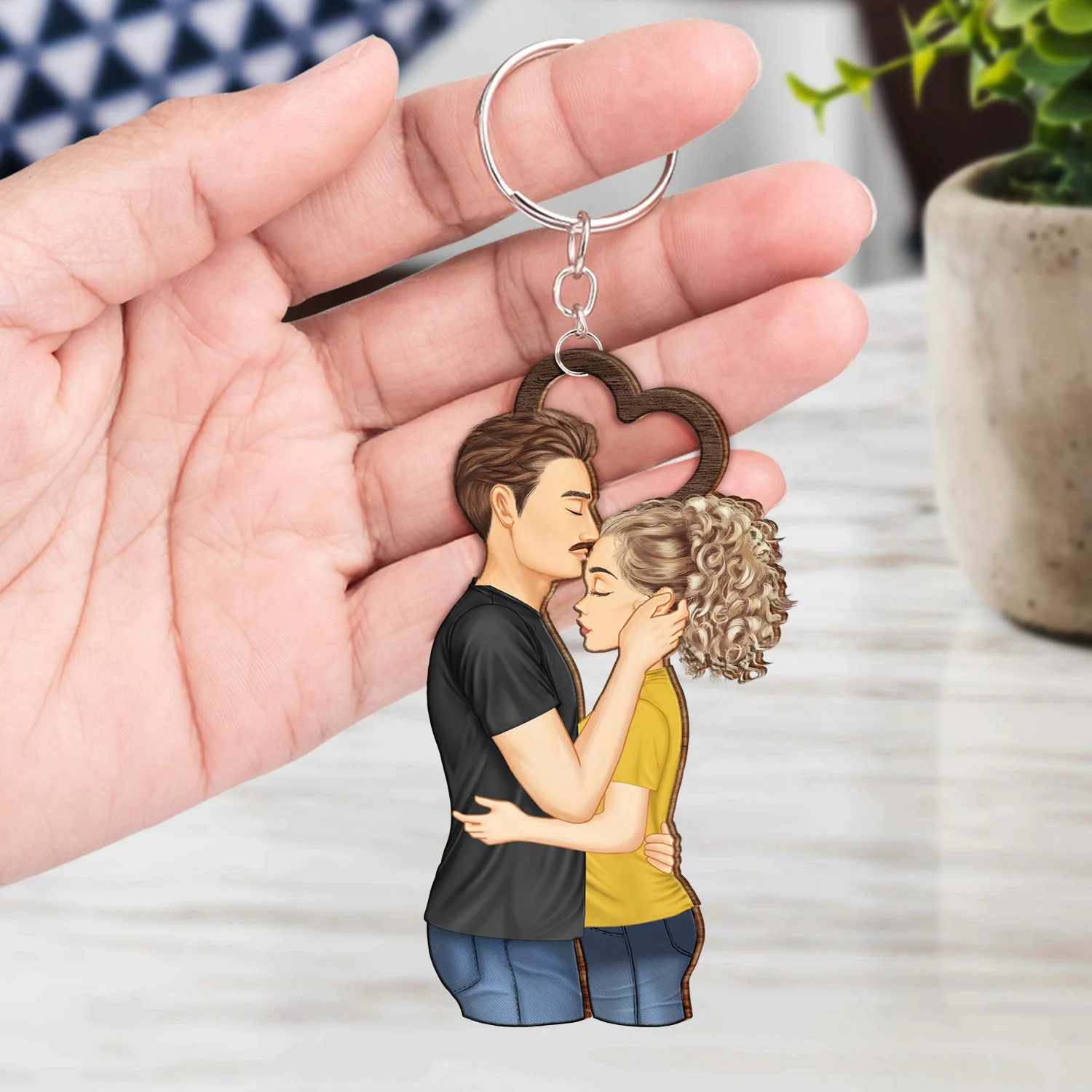 Couple Side View We're A Team - Gift For Couples - Personalized Cutout Wooden Keychain 2 Sides - Image 4