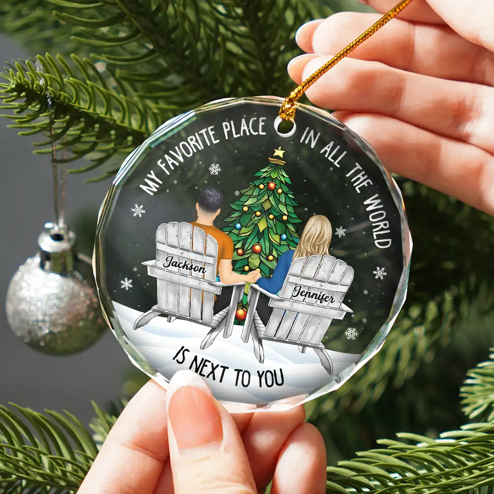 Couple Sitting Christmas Favorite Place In All The World - Personalized Circle Glass Ornament - Image 2
