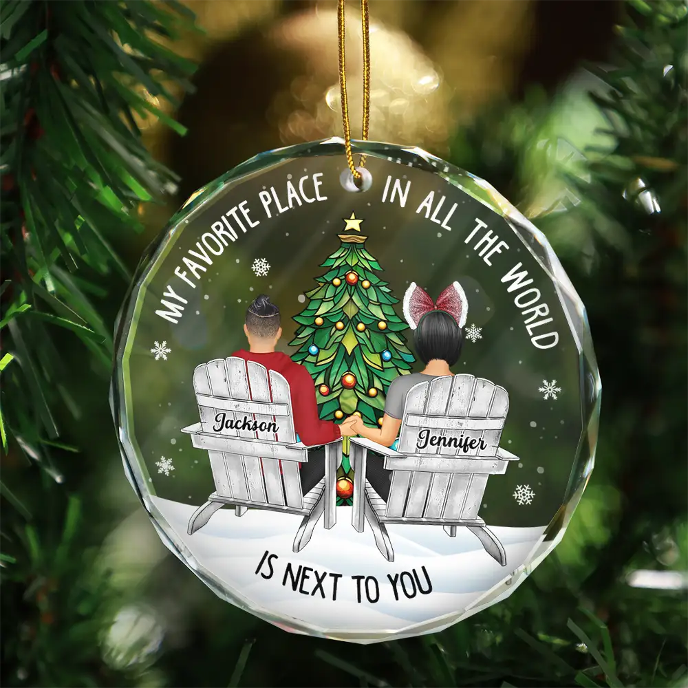 Couple Sitting Christmas Favorite Place In All The World - Personalized Circle Glass Ornament - Image 3