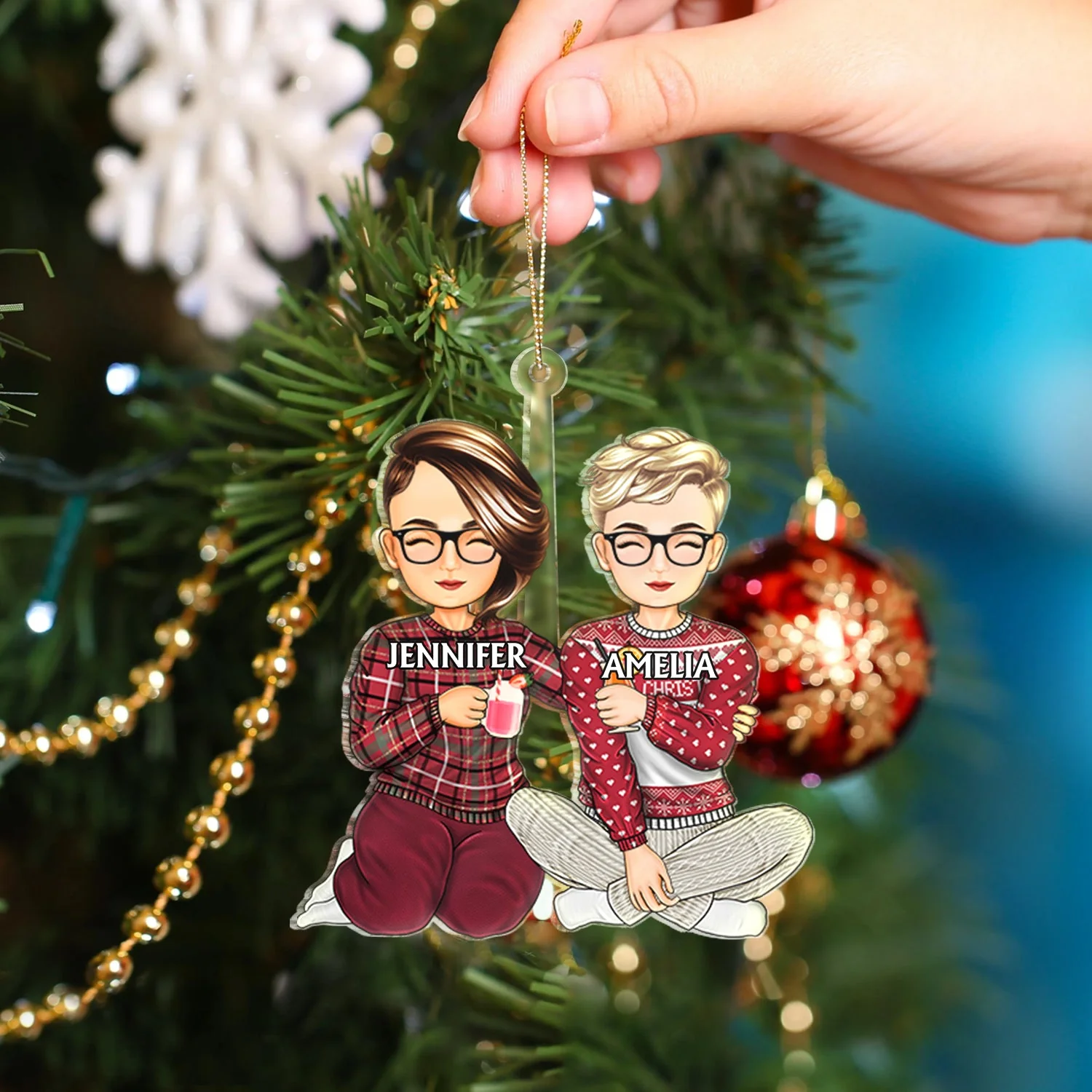 Couple Sitting Drink Together - Christmas Gift For Husband And Wife - Personalized Cutout Acrylic Ornament - Image 4