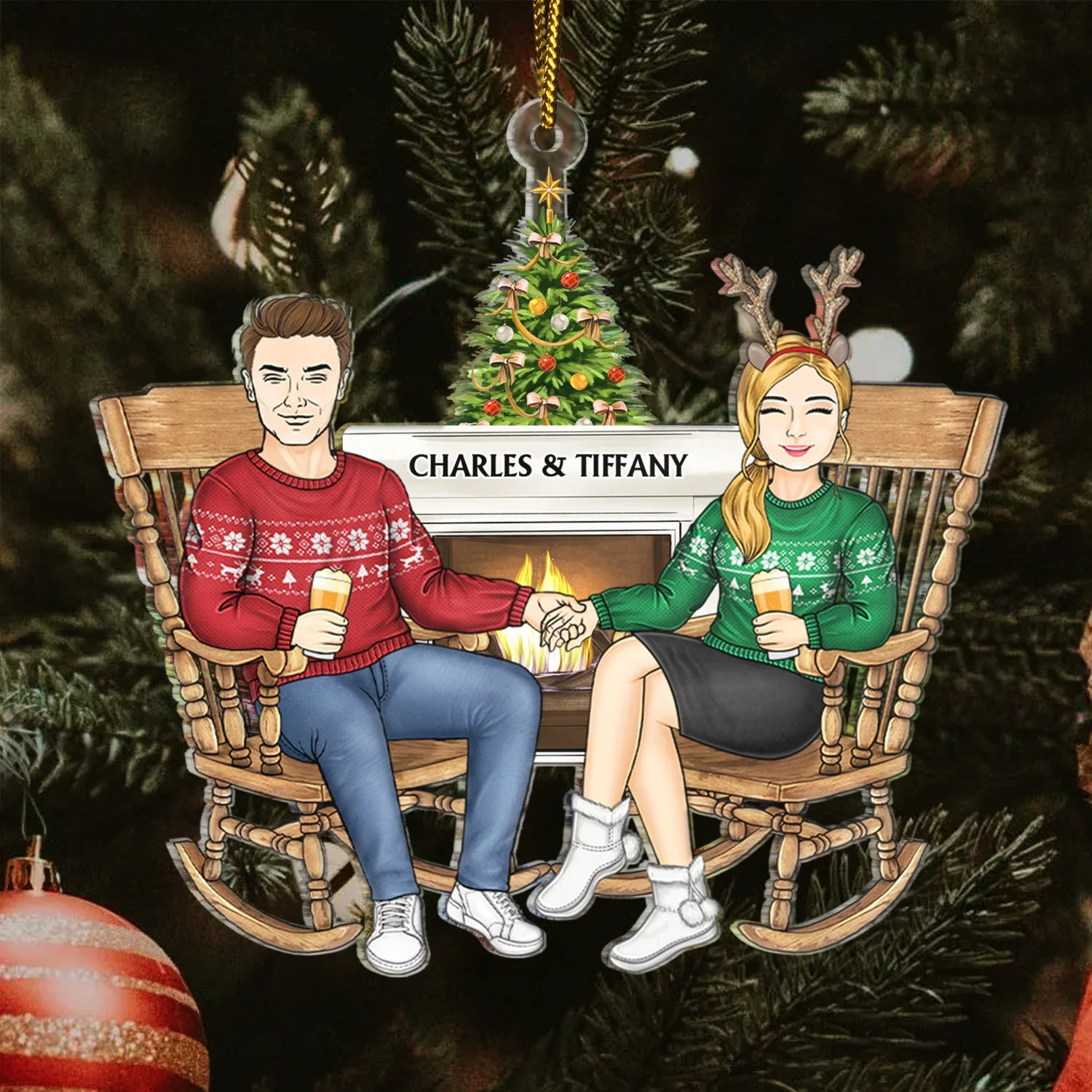 Couple Sitting On Chair Together - Christmas Gift For Husband And Wife - Personalized Cutout Acrylic Ornament - Image 3