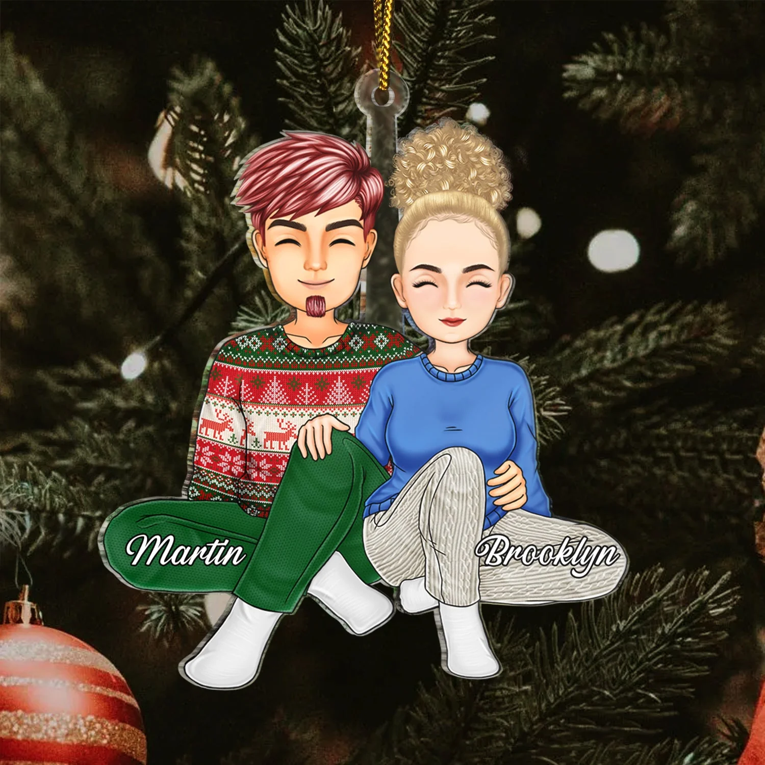 Couple Sitting Together - Christmas Gift For Husband And Wife - Personalized Cutout Acrylic Ornament - Image 3