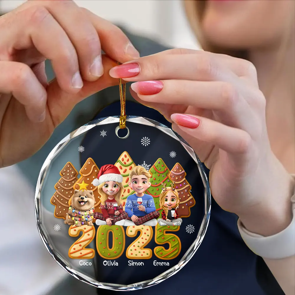 Couple With Kids & Pet Cake Cookie Tree - Personalized Circle Glass Ornament - Image 4