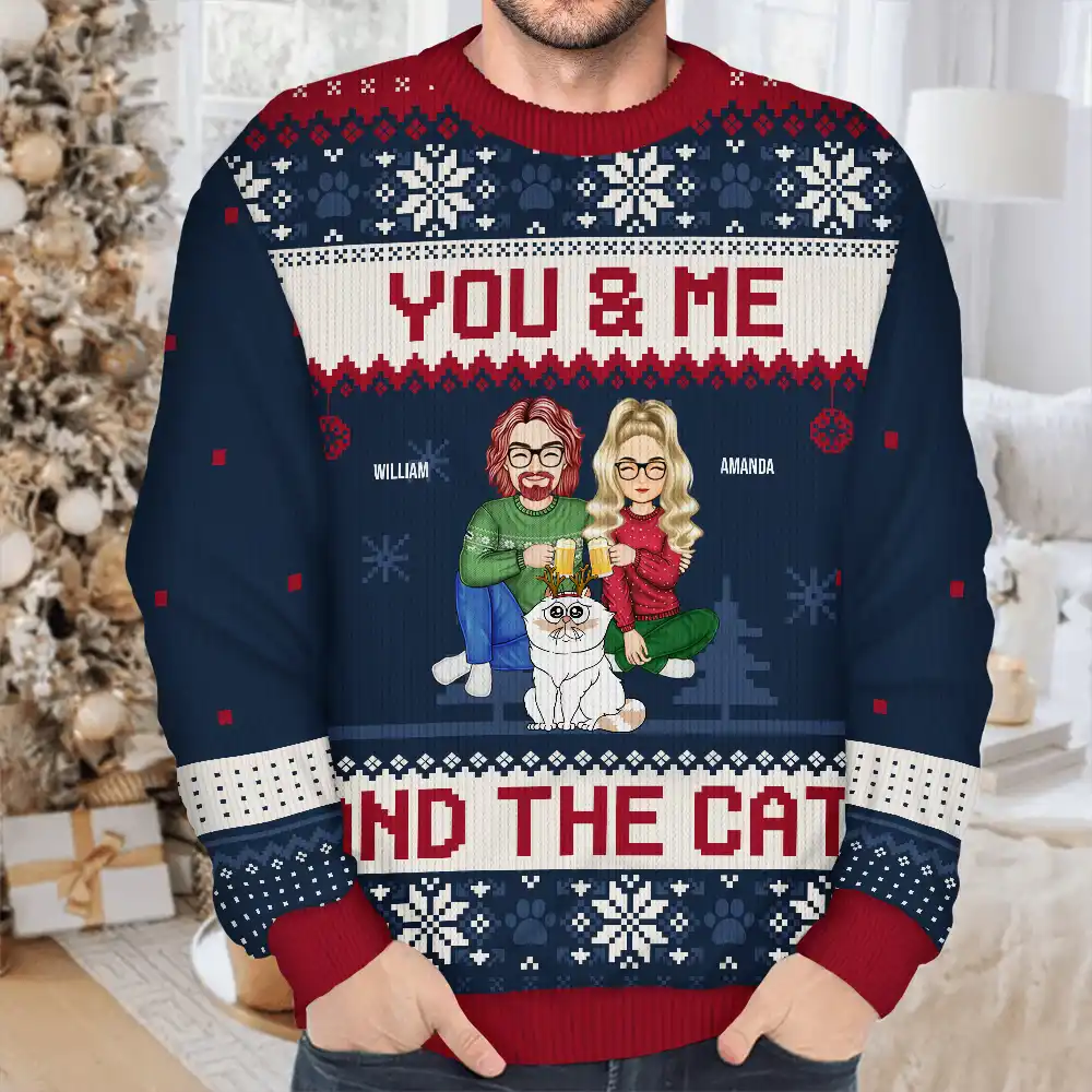 Couple You & Me And The Cats Cartoon Style - Anniversary, Christmas Gift For Cat Lovers, Couples - Personalized Unisex Ugly Sweater - Image 4