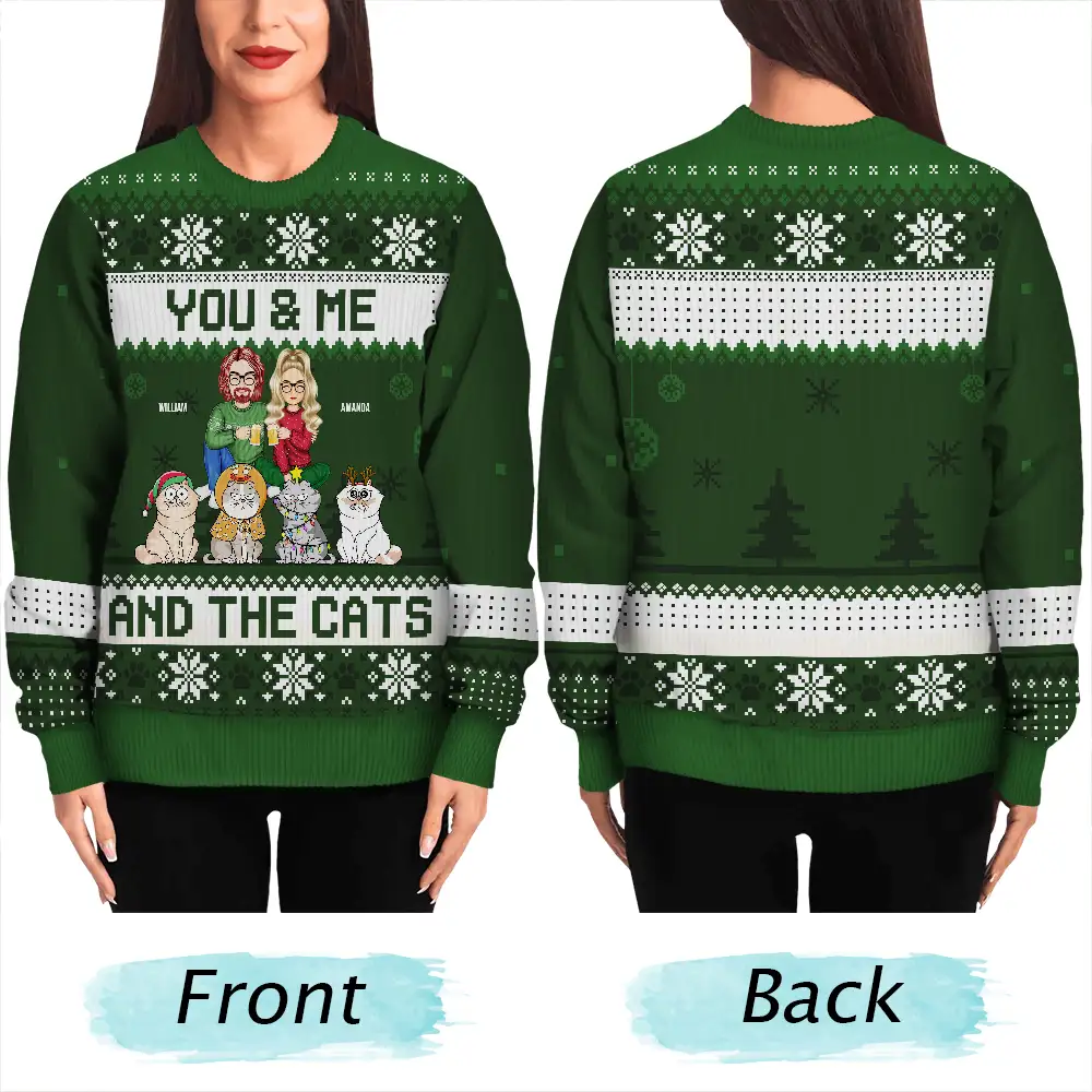 Couple You & Me And The Cats Cartoon Style - Anniversary, Christmas Gift For Cat Lovers, Couples - Personalized Unisex Ugly Sweater - Image 5