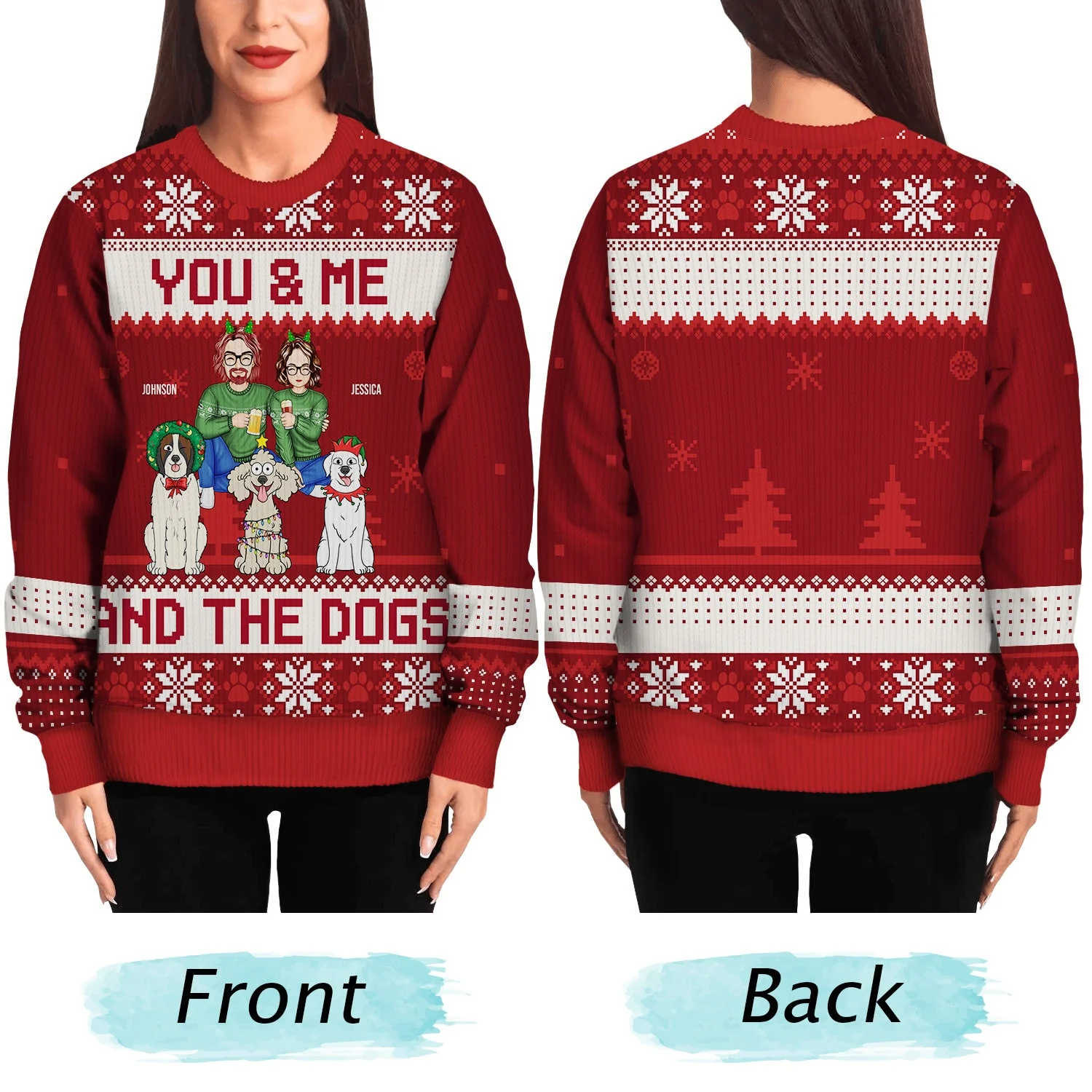Couple You & Me And The Dogs Cartoon Style - Anniversary, Christmas Gift For Dog Lovers, Couples - Personalized Unisex Ugly Sweater - Image 5