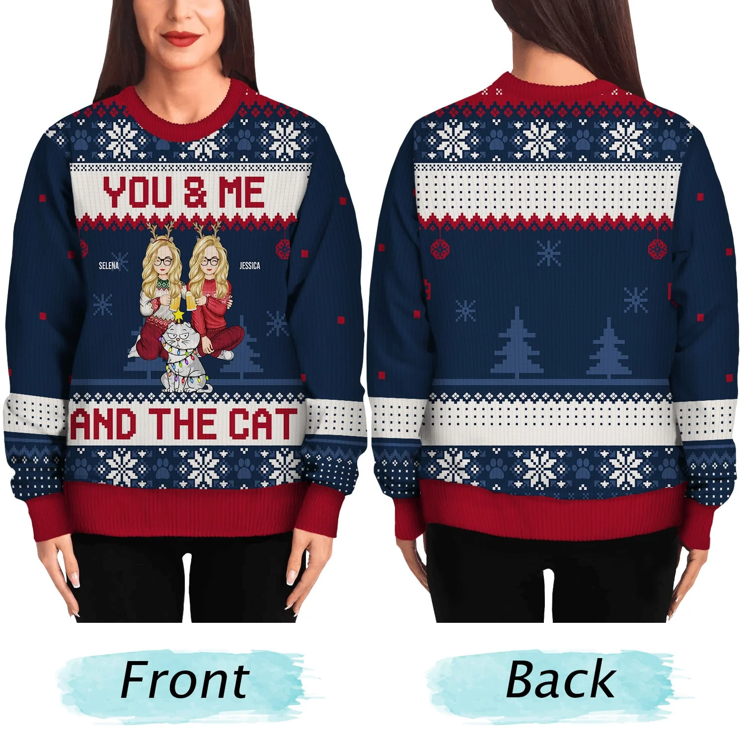 Couple You & Me And The Fur Babies Cartoon Style - Christmas Gift For Pet Lovers, Dog Lovers, Cat Lovers - Personalized Unisex Ugly Sweater - Image 5