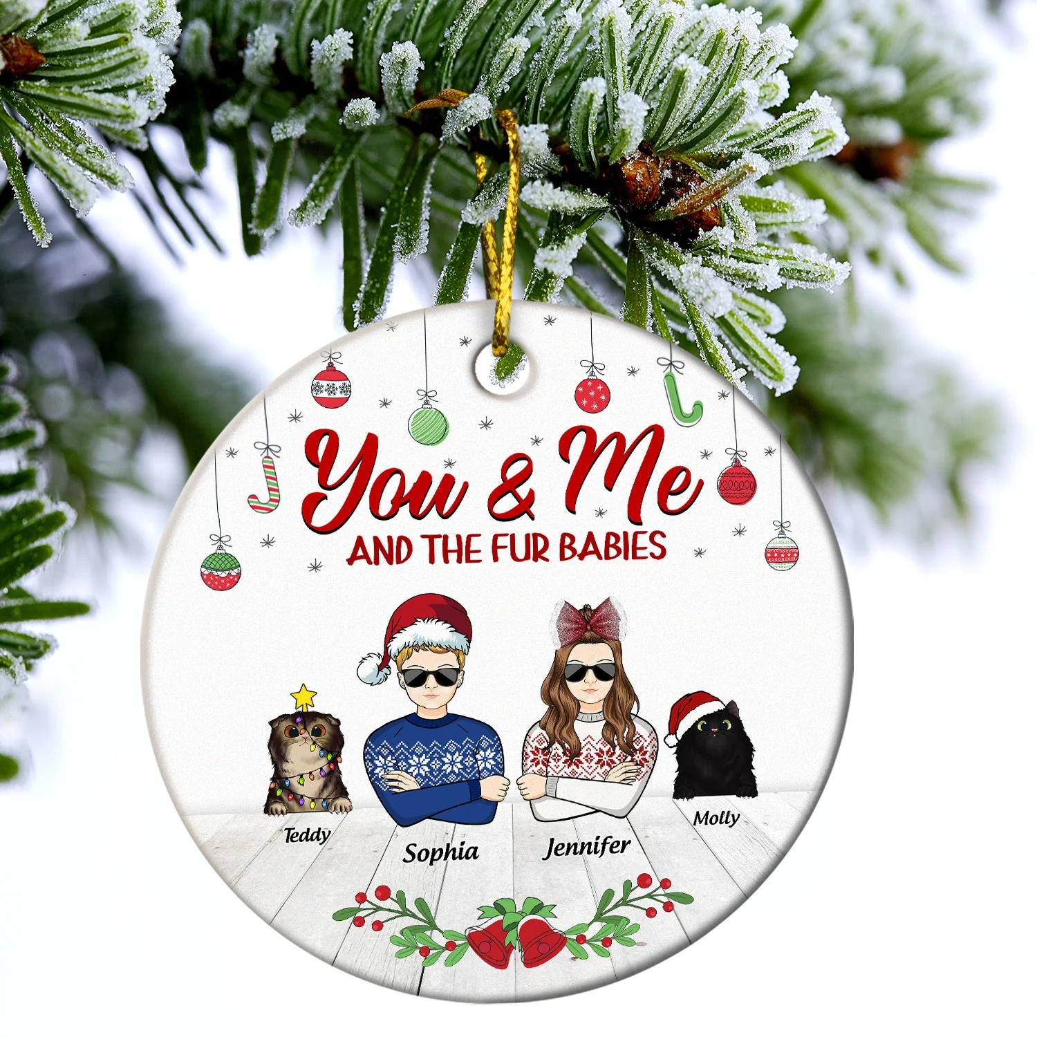 Couple You & Me And The Fur Babies - Christmas Gift For Dog & Cat Lovers - Personalized Custom Circle Ceramic Ornament - Image 3
