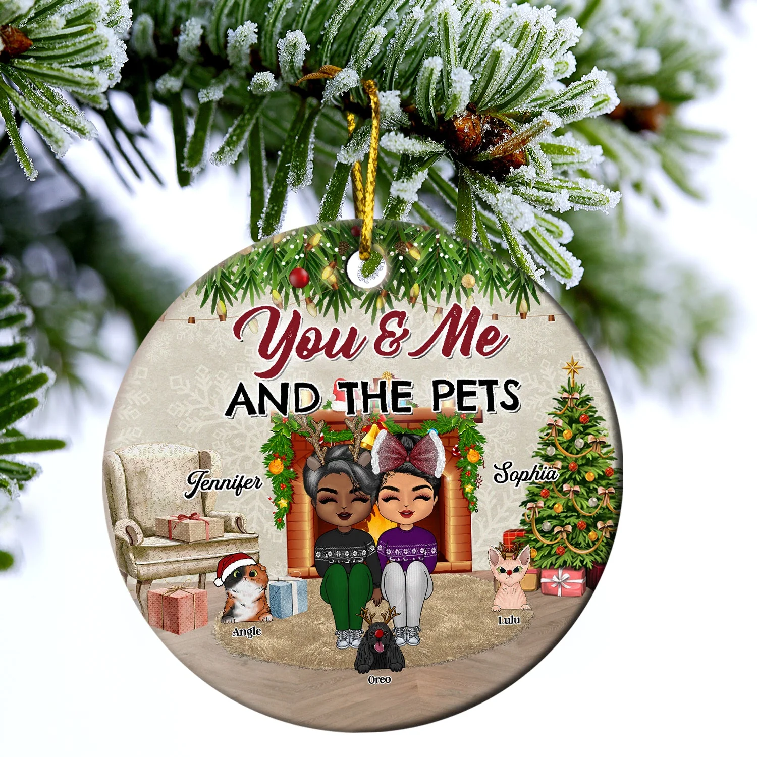Couples You & Me And The Fur Babies - Christmas Gift For Dog Lovers And Cat Lovers - Personalized Custom Circle Ceramic Ornament - Image 3
