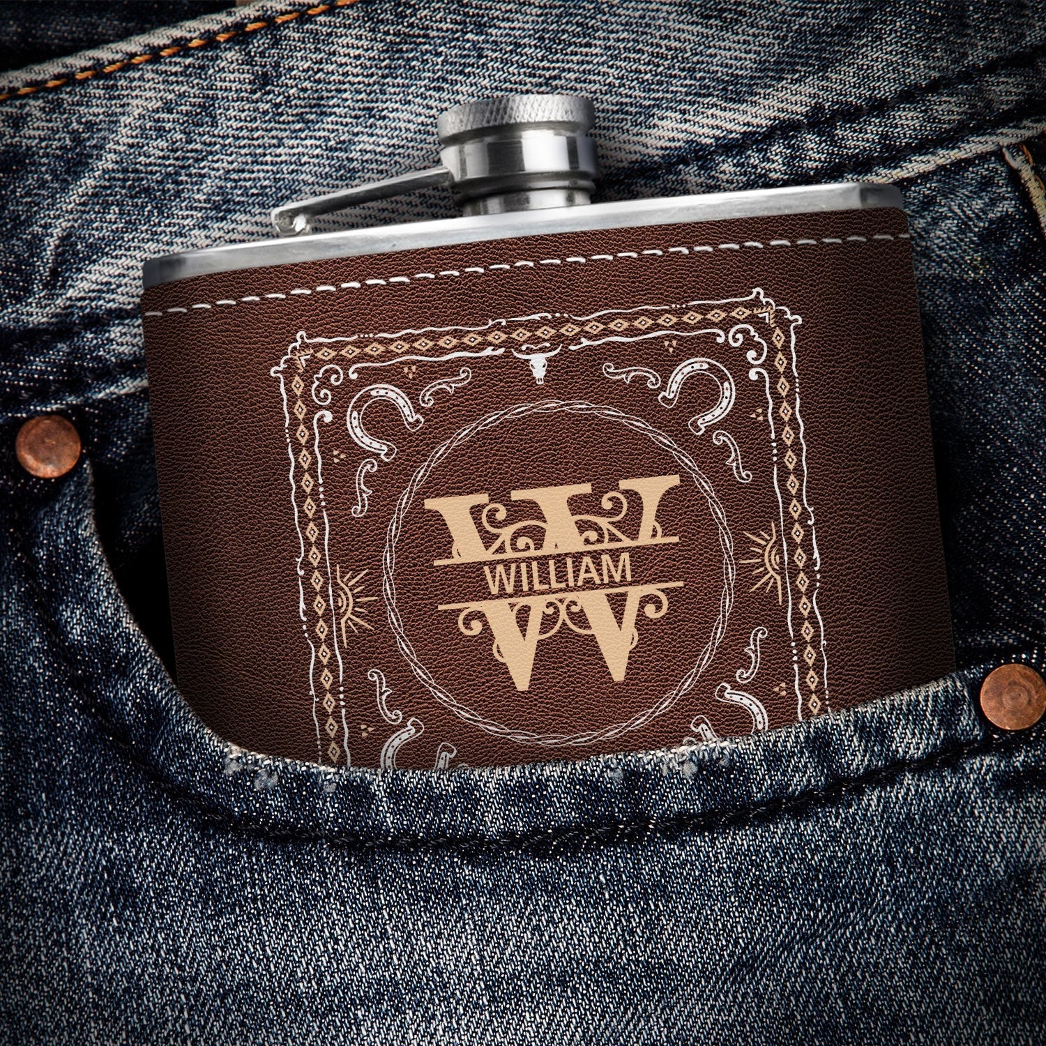 Cowboy Style Monogram - Birthday Gift For Dad, Grandpa, Brother, Men - Personalized Hip Flask - Image 3