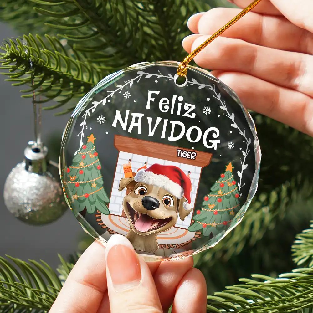 Cozy Room Feliz Navidog 3D Effect Dog - Personalized Circle Glass Ornament - Image 2