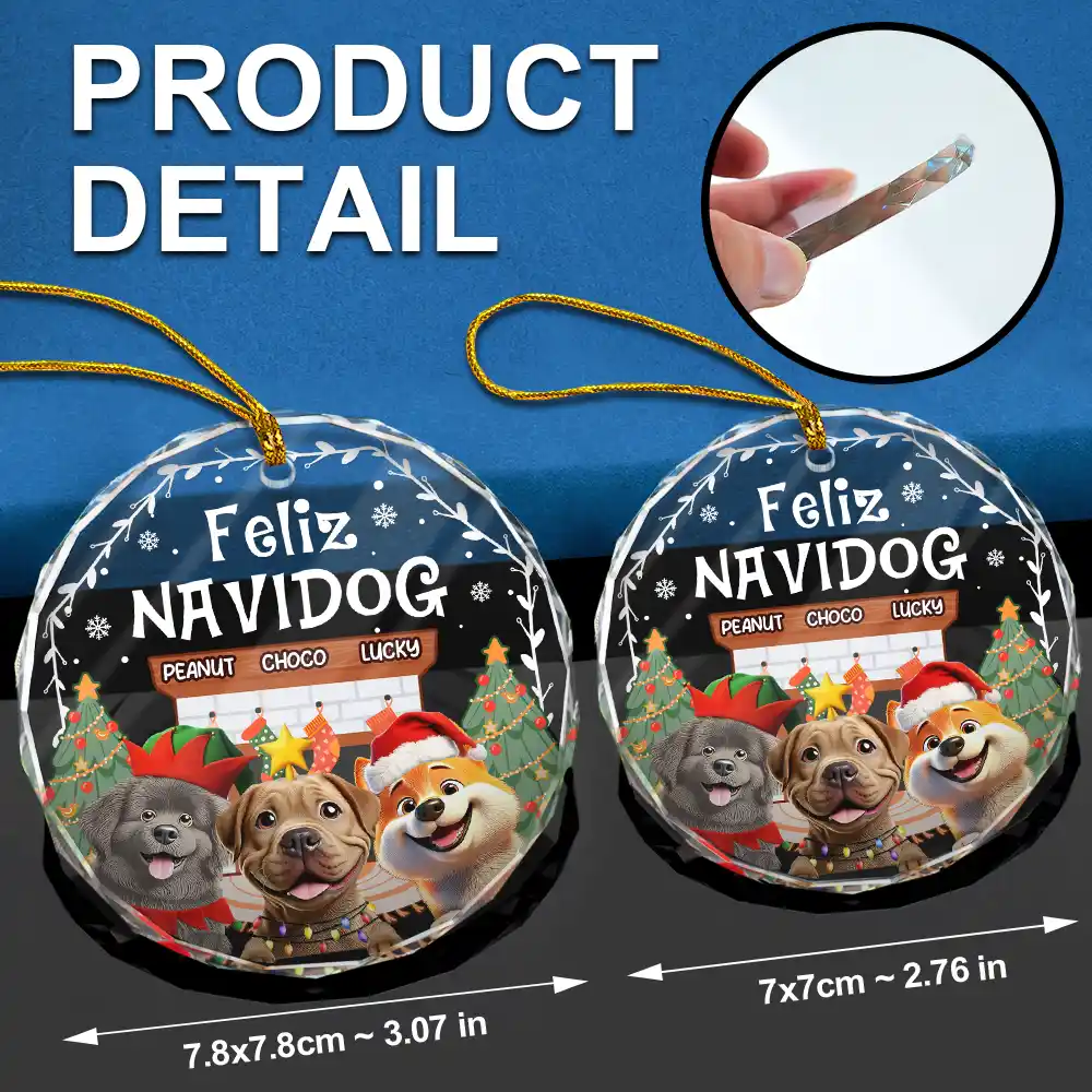 Cozy Room Feliz Navidog 3D Effect Dog - Personalized Circle Glass Ornament - Image 6