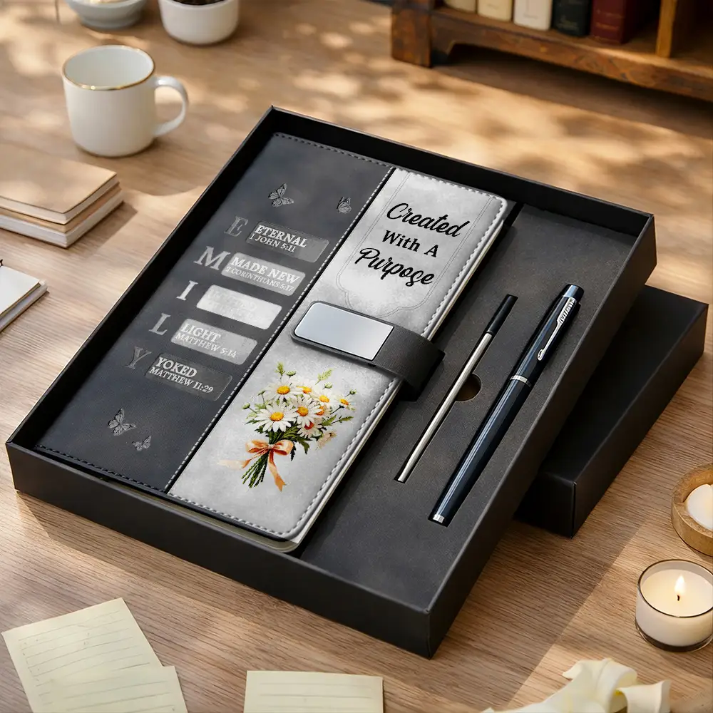 Created With A Purpose Birth Month Flower - Personalized Leather Notebook Set - Image 2