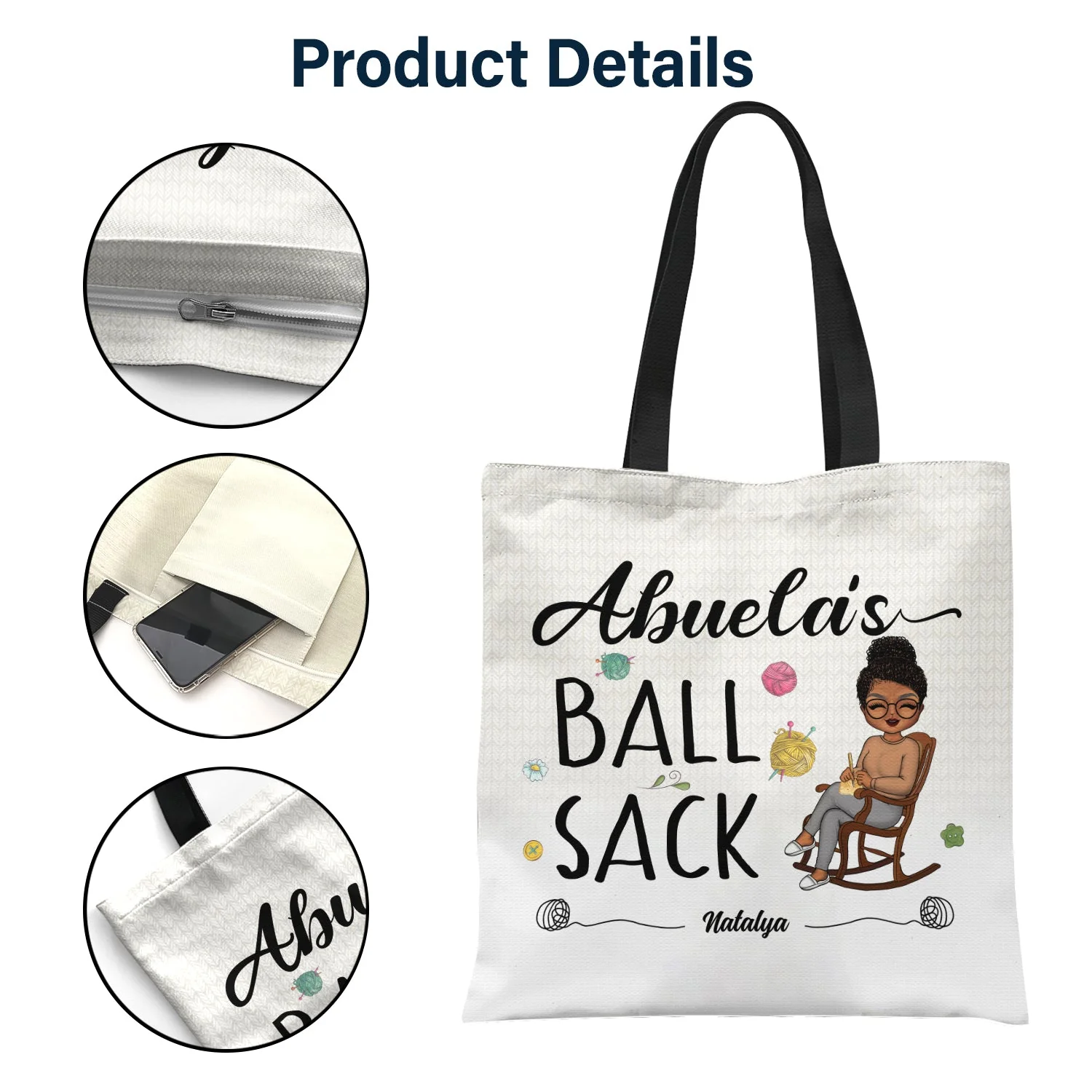 Crocheting Ball Sack - Gift For Grandma And Mother - Personalized Zippered Canvas Bag - Image 4