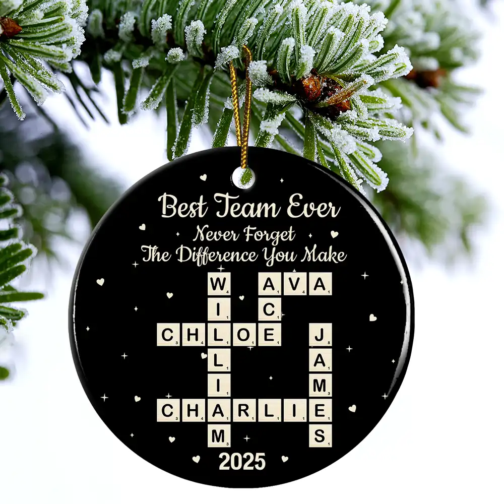 Crossword Best Team Ever - Personalized Circle Ceramic Ornament - Image 5