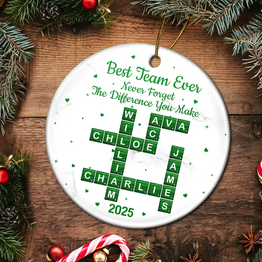 Crossword Best Team Ever - Personalized Circle Ceramic Ornament - Image 6