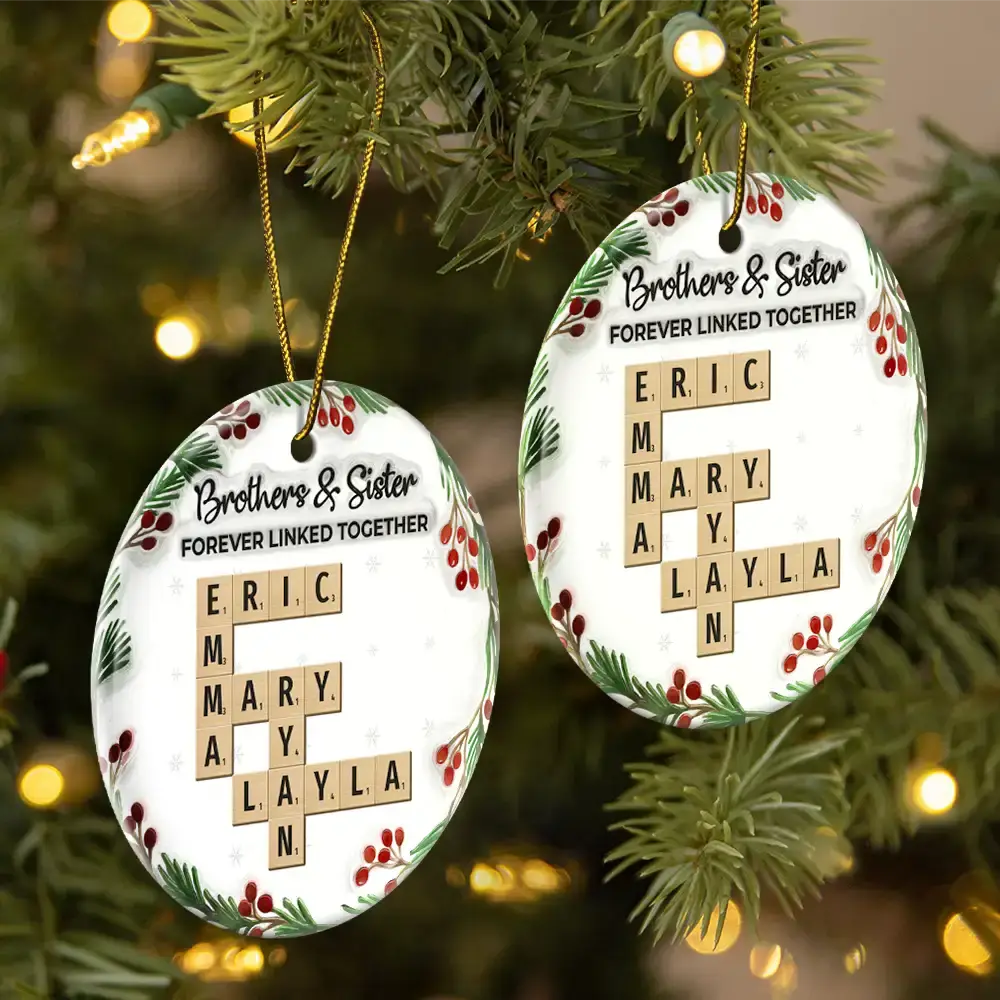 Crossword Brothers & Sisters Forever Linked Together 3D Inflated Effect - Personalized Circle Ceramic Ornament - Image 3