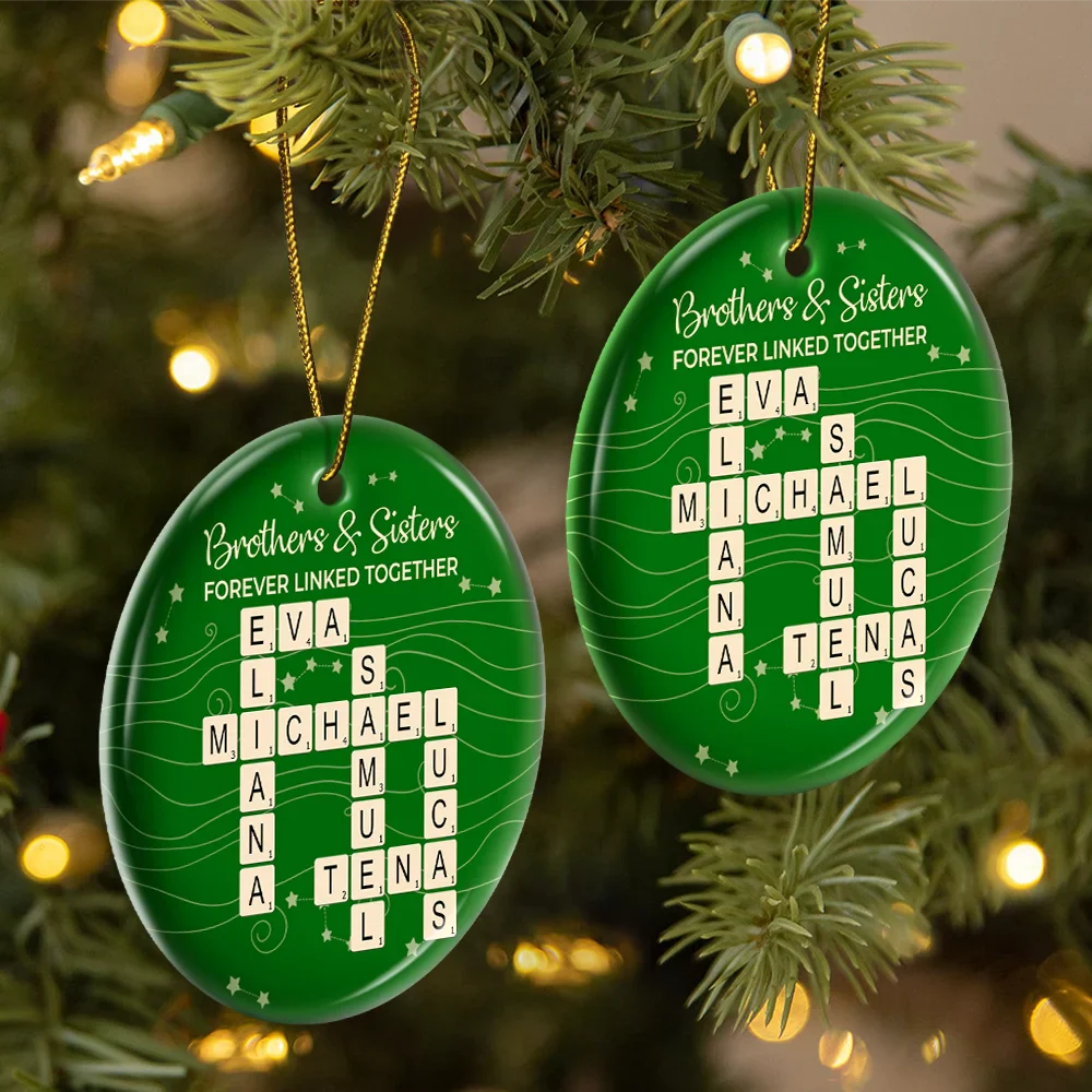 Crossword Brothers & Sisters Forever Linked Together - Personalized Circle Ceramic Ornament - Image 2