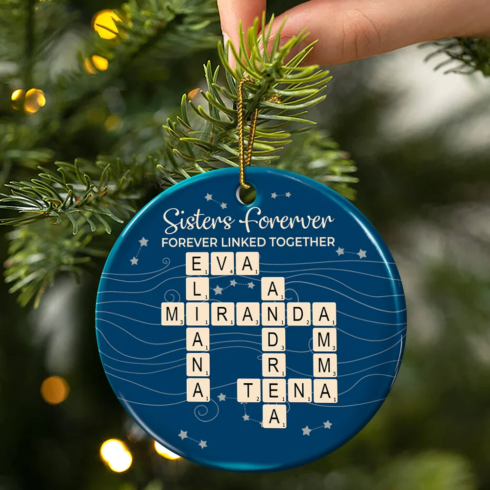 Crossword Brothers & Sisters Forever Linked Together - Personalized Circle Ceramic Ornament - Image 3