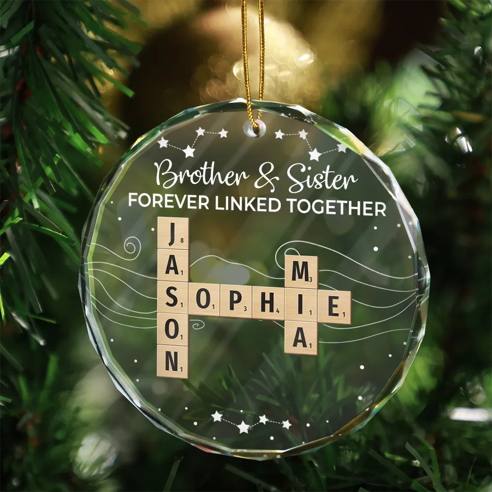 Crossword Brothers & Sisters Forever Linked Together - Personalized Circle Glass Ornament - Image 3