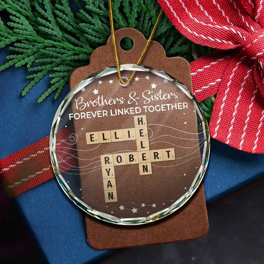 Crossword Brothers & Sisters Forever Linked Together - Personalized Circle Glass Ornament - Image 5
