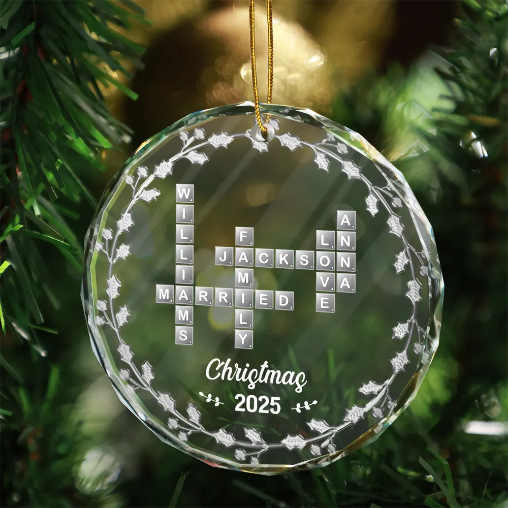 Crossword Scrabble Family Name - 3D Silver Effect Printed, Personalized Circle Glass Ornament - Image 4