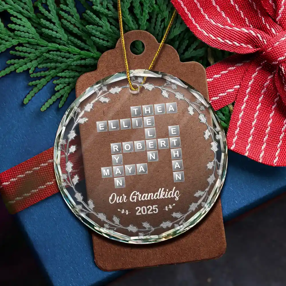 Crossword Scrabble Family Name - 3D Silver Effect Printed, Personalized Circle Glass Ornament - Image 6