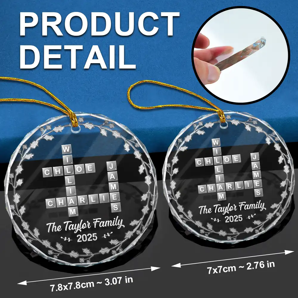 Crossword Scrabble Family Name - 3D Silver Effect Printed, Personalized Circle Glass Ornament - Image 7