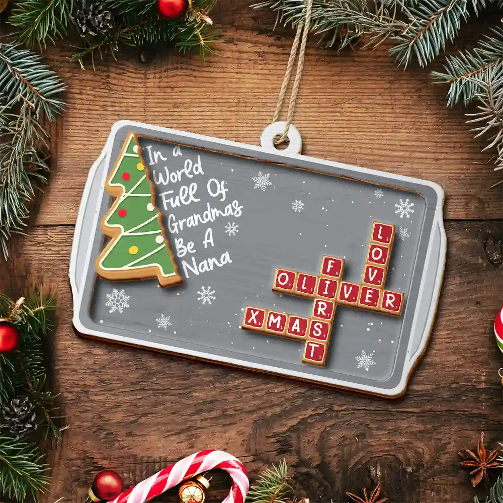 Crossword Srabble Gingerbread Cookie World Full Of Grandmas - Personalized 2-Layered Wooden Ornament - Image 5