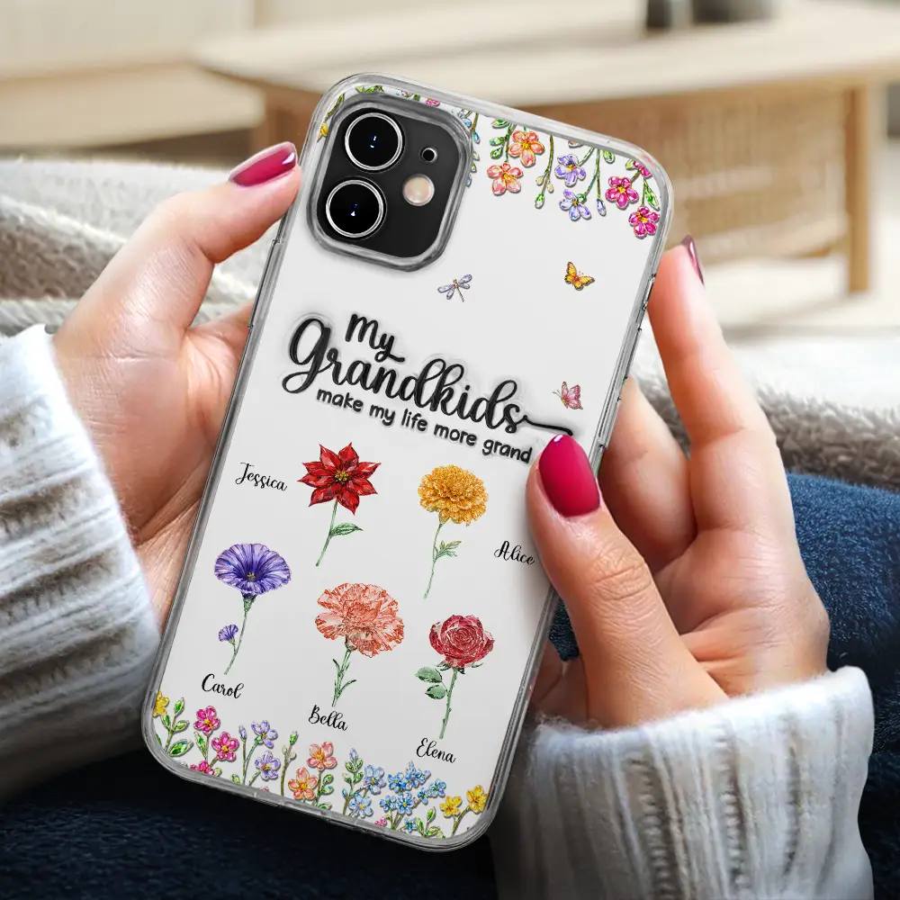 Crystal Effect Birth Flower Grandkids Make Life More Grand - Personalized Clear Phone Case - Image 2