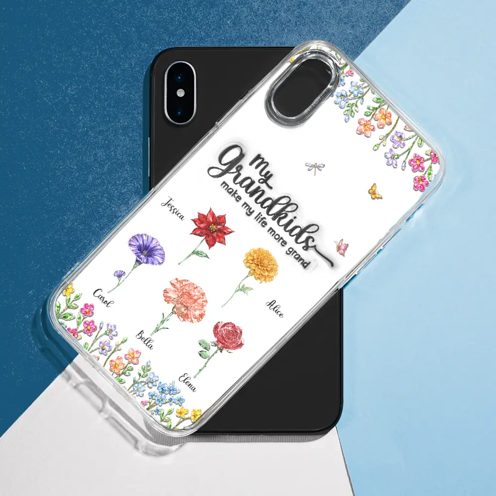 Crystal Effect Birth Flower Grandkids Make Life More Grand - Personalized Clear Phone Case - Image 7