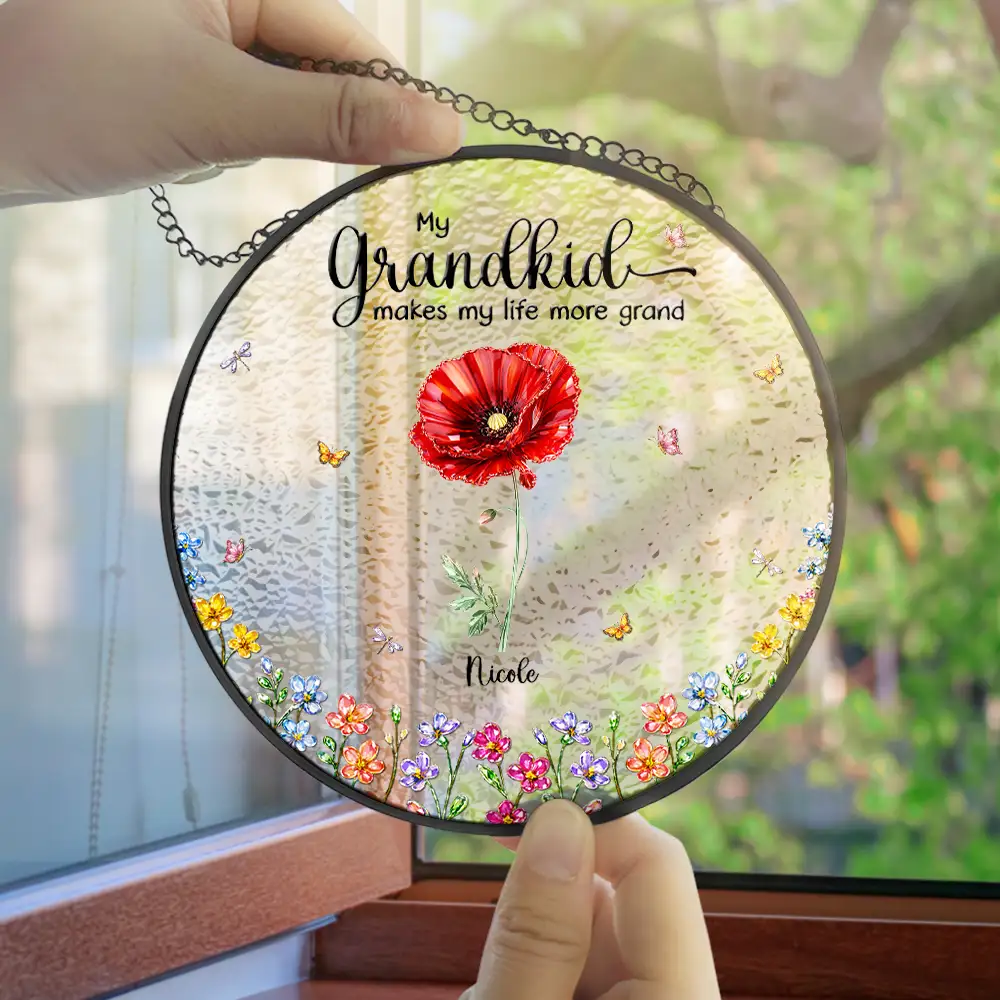 Crystal Effect Birth Flower Grandkids Make Life More Grand - Personalized Stained Glass Window Hanging Suncatcher - Image 4