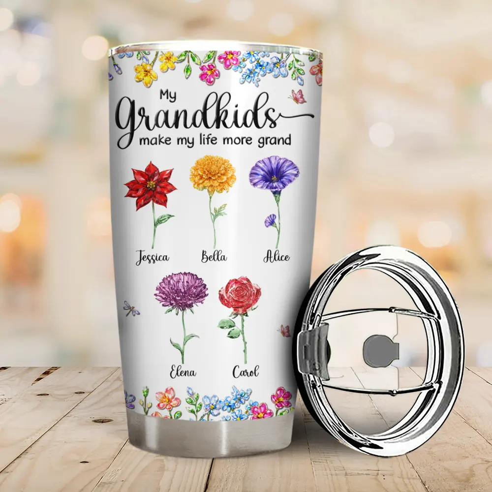 Crystal Effect Birth Flower Grandkids Make Life More Grand - Personalized Tumbler - Image 2